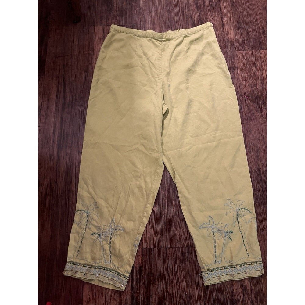 Nancy Bolen Pea Green 100% Silk Embossed + Embroidered Beaded Pants Size Large